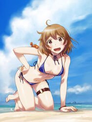  1other all_fours animal animal_on_shoulder bandaid bandaid_on_face barefoot beach bikini blue_bikini blue_sky breasts brown_eyes brown_hair cloud commentary_request crab_on_shoulder day female historical_name_connection kantai_collection looking_at_viewer military_vehicle name_connection object_namesake oboro_(destroyer) oboro_(kancolle) oerba_yun_fang outdoors photoshop_(medium) sameha_ikuya ship short_hair side-tie_bikini_bottom skin_fang sky small_breasts smile swimsuit thigh_strap vehicle_and_personification warship watercraft 