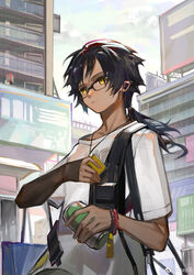  1boy absurdres alternate_costume arknights black-framed_eyewear black_hair bracelet can casual cityscape clay_(clayjun) commentary_request dark-skinned_male dark_skin day drink_can expressionless fanny_pack glasses highres holding jewelry layered_sleeves long_hair long_sleeves looking_away low_ponytail male_focus necklace official_alternate_costume outdoors shirt short_over_long_sleeves short_sleeves soda_can solo thorns_(arknights) thorns_(comodo)_(arknights) upper_body white_shirt yellow_eyes 