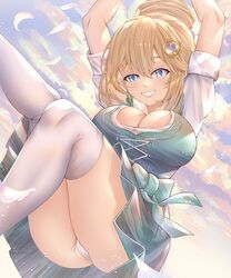  absurdres ass bad_id bad_twitter_id blonde_hair blue_eyes breasts cosplay dirndl feathers female german_clothes hair_bun hair_ornament hands_up highres hololive hololive_english honkivampy large_breasts medium_hair mole mole_on_breast official_alternate_hairstyle panties panty_peek smile solo takanashi_kiara takanashi_kiara_(cosplay) takanashi_kiara_(dirndl) thick_thighs thighhighs thighs underwear virtual_youtuber watson_amelia 