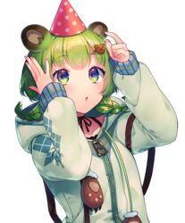  animal_ear_fluff animal_ears animare bbbannooo bear_ears bear_hair_ornament blush braid collarbone commentary_request female green_eyes green_hair green_hoodie hair_ornament hairclip hat hinokuma_ran hood hood_down hoodie long_sleeves looking_up medium_hair nanashi_inc. parted_lips party_hat solo transparent_background twin_braids upper_body virtual_youtuber zipper zipper_pull_tab 