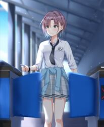  antenna_hair asakura_toru bare_legs black_necktie blue_eyes blue_jacket breast_pocket clothes_around_waist collared_shirt ear_piercing fare_gate female gate grey_skirt highres idolmaster idolmaster_shiny_colors jacket jacket_around_waist justice/ryo light_blush multicolored_hair nail_polish necktie outdoors parted_bangs piercing plaid plaid_skirt pleated_skirt pocket school_uniform shirt short_hair skirt sleeves_rolled_up smile solo ticket train_station two-tone_hair watch wristband 