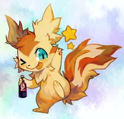  2016 3_toes 4_fingers beer_bottle blue_eyes bottle brown_body brown_fur container extyrannomon_(artist) feet feral fingers fluffy fluffy_ears fluffy_tail fur generation_3_pokemon gesture happy linoone looking_at_viewer male nintendo numa_(ouroporos) pokemon pokemon_(species) simple_background smile solo star tail toes waving 