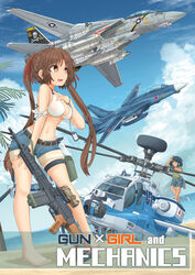  2girls ah-64_apache aircraft airplane armband assault_rifle barefoot battle_rifle beach bikini black_gloves blue_hair blue_sky bracelet braid breasts brown_eyes brown_hair closed_mouth clothes_around_waist commentary_request cover cover_page day dog_tail doujin_cover dutch_angle elbow_rest elcan_scope english_text f-14_tomcat fighter_jet flying food gloves green_eyes green_shirt grey_shorts gun hair_ribbon hand_on_own_chest hand_on_own_thigh helicopter highres howa_type_64 jet jewelry leaning_forward legs long_hair long_sleeves looking_at_another magpul medium_breasts mikeran_(mikelan) military military_vehicle multiple_girls multiple_others navel ocean open_mouth original outdoors palm_tree pilot pouch red_ribbon ribbon rifle roundel scope shirt short_hair shorts side-tie_bikini_bottom single_glove skull_and_crossbones sky sleeves_rolled_up smile standing swimsuit tail thigh_strap tied_hair tree twintails united_states_navy vehicle_focus waving weapon white_bikini 