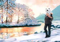  anthro bear breasts clothed clothing day detailed_background digital_media_(artwork) female giant_panda hair mammal outside red_eyes shalinka sky snow solo standing white_hair 