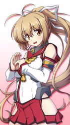  547th_sy antenna_hair blush cosplay dated detached_sleeves female gradient_background hair_between_eyes hair_ribbon highres hip_vent kantai_collection katia_waldheim light_brown_hair long_hair muv-luv muv-luv_alternative no_panties open_mouth pleated_skirt red_skirt ribbon rope_around_neck schwarzesmarken simple_background skirt solo textless_version twitter_username very_long_hair yamato_(kancolle) yamato_(kancolle)_(cosplay) yellow_eyes 