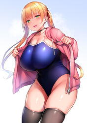  black_thighhighs blonde_hair blue_one-piece_swimsuit breasts choker commentary_request ear_piercing female gradient_background green_eyes hair_ribbon huge_breasts long_hair looking_at_viewer moto_inkya_no_kyonyuu_yariman_imouto_ga_erosugite_onii-chan_wa_mou...!! natsuki_(bookworm_little_sister) one-piece_swimsuit open_clothes open_mouth opened_by_self piercing pink_hair ribbon shiny_skin shiny_swimsuit simple_background smile solo standing swimsuit swimsuit_under_clothes teeth thighhighs tsukumiya_amane twintails upper_teeth_only 