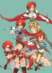  armor ass breasts cape cleavage closed_mouth earrings elbow_gloves facial_mark female gloves jewelry looking_at_viewer natsuki_megumi official_alternate_costume open_mouth phia_mell pointy_ears ponytail red_eyes red_hair short_hair simple_background smile solo star_ocean star_ocean_anamnesis star_ocean_first_departure tail weapon white_gloves 