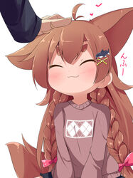  :3 ^_^ ahoge animal_ears blush bow braid brown_hair brown_sweater closed_eyes commentary_request dog_ears dog_tail female hair_ornament hairbow hairclip happy headpat highres long_hair makuran momiji_(makuran) original pink_bow shark_hair_ornament simple_background solo_focus sweater tail twin_braids white_background x_hair_ornament 