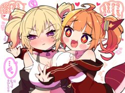  +_+ 2girls ahoge bare_shoulders black_choker black_jacket blonde_hair blush blush_stickers bow breast_press breasts camisole choker coco_kaine collarbone commentary_request crop_top diagonal-striped_bow diagonal_stripes dragon_girl dragon_horns dragon_tail earrings eyes_visible_through_hair frilled_camisole frills hair_intakes heart heart_earrings highres hololive horn_bow horn_ornament horns jacket jewelry kiryu_coco kiryu_coco_(loungewear) large_breasts long_sleeves looking_at_another looking_to_the_side medium_hair midriff mole mole_under_eye multicolored_hair multiple_girls navel oerba_yun_fang off_shoulder official_alternate_costume open_clothes open_jacket open_mouth orange_hair outstretched_arms parted_lips partially_unzipped pointy_ears purple_eyes red_eyes red_jacket sakuramochi_(sakura_frappe) shirt sidelocks simple_background skin_fang sleeveless sleeveless_shirt speech_bubble streaked_hair striped striped_bow tail tied_hair track_jacket translated upper_body virtual_youtuber white_background white_camisole zipper_pull_tab 