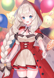  absurdres artist_logo basket black_thighhighs blue_eyes bottle bow braid bread breasts candy cape cleavage dated fate/grand_order fate_(series) female food grey_hair hairbow highres holding lollipop long_hair looking_at_viewer marie_antoinette_(fate) marie_antoinette_(festival_outfit)_(fate) medium_breasts multicolored_cape multicolored_clothes official_alternate_costume photoshop_(medium) red_cape simple_background single_braid smile solo suzuho_hotaru swirl_lollipop thighhighs third-party_source 