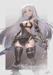  absurdres asymmetrical_clothes asymmetrical_legwear boots border breasts cleavage debris dust dust_cloud female floating_hair frenlyse highres holding holding_weapon ioriwu8 long_hair looking_at_viewer medium_breasts nier_(series) nier_reincarnation open_mouth prosthesis prosthetic_arm prosthetic_leg signature solo standing swept_bangs sword thigh_boots thighhighs uneven_legwear very_long_hair weapon white_border white_hair 