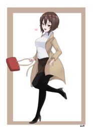  absurdres artist_name bag black_footwear black_pantyhose black_skirt bluff260 border brown_border brown_coat brown_eyes brown_hair coat commentary female full_body girls_und_panzer handbag heart high_heels highres holding leg_up long_sleeves looking_at_viewer miniskirt nishizumi_maho open_mouth pantyhose pencil_skirt shirt short_hair signature skirt smile solo standing standing_on_one_leg turtleneck white_background white_shirt 