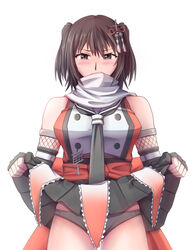  black_gloves black_neckerchief black_panties black_skirt breasts brown_eyes brown_hair buttons clothes_lift cowboy_shot double-breasted elbow_gloves female fingerless_gloves gloves highres kantai_collection kkkowy0913 lifting_own_clothes medium_breasts miniskirt neckerchief panties pleated_skirt scarf school_uniform sendai_(kancolle) sendai_kai_ni_(kancolle) serafuku skirt skirt_lift solo standing two_side_up underwear white_scarf 