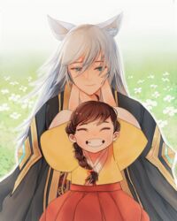  1boy animal_ears blue_eyes cloak dress female flower fox_boy fox_ears grey_hair grin guardian_tales hand_up korean_clothes korean_commentary lolicon looking_at_another manjin512 nine_tailed_fox_garam red_dress simple_background smile swept_bangs 