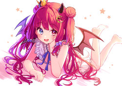  :d absurdres barefoot blue_eyes blue_ribbon blush commentary crescent crescent_hair_ornament crown demon_horns demon_wings double_bun dress female frilled_dress frills full_body hair_bobbles hair_bun hair_ornament heterochromia highres horns legs_up long_hair looking_at_viewer lq_saku lying mini_crown neck_ribbon nijisanji oerba_yun_fang on_stomach open_mouth red_eyes red_hair ribbon simple_background skin_fang sleeveless sleeveless_dress smile solo star_(symbol) two_side_up virtual_youtuber white_background white_dress wings yuzuki_roa yuzuki_roa_(3rd_costume) 