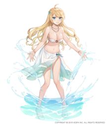  absurdres artemia_(king&#039;s_raid) bare_shoulders bikini blonde_hair blue_eyes breasts cleavage commentary_request female hair_ornament highres jaeyun jewelry king&#039;s_raid large_breasts leaning_forward long_hair looking_at_viewer navel necklace official_art partial_commentary see-through see-through_skirt skirt smile solo splashing swimsuit water white_bikini 