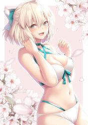  adjusting_hair ahoge aqua_bow bare_arms bare_shoulders bikini blonde_hair blush border bow breasts cherry_blossoms choker cleavage collarbone commentary_request cowboy_shot fate/grand_order fate_(series) female flower front-tie_bikini_top front-tie_top green_bow grey_eyes half_updo halterneck hand_in_own_hair hands_up highres large_breasts looking_at_viewer medium_breasts multi-strapped_bikini navel okita_j._souji_(fate) okita_j._souji_(third_ascension)_(fate) okita_souji_(fate) open_mouth petals pink_background short_hair signature smile solo stomach suzuki_nene swimsuit white_bikini white_border white_flower 