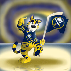  1:1 anthro black_eyes blue_body blue_fur bottomless buffalo_sabres clothed clothing extinct felid flag fur gesture hand_gesture hi_res ice_rink katproductions6 male mammal mascot nhl pawpads pointing prehistoric_species saber-toothed_tiger sabretooth_(buffalo_sabres) sharp_teeth solo striped_body stripes teeth yellow_body yellow_fur 