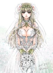  alicia_(valkyrie_profile_2) blonde_hair blush bouquet breasts bridal_veil closed_mouth dated dress female flower hair_flower hair_ornament hairband holding holding_bouquet jewelry long_hair solo standing sutehiko twitter_username valkyrie_profile_(series) valkyrie_profile_2:_silmeria veil wedding_dress white_dress white_flower 