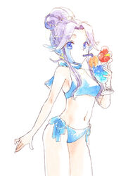  blue_eyes breasts drink drinking drinking_straw drinking_straw_in_mouth esper_(saga) facial_mark female jewelry looking_at_viewer navel no_s pointy_ears purple_hair saga saga_1 short_hair simple_background solo swimsuit white_background 