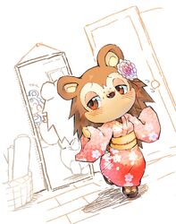  2girls alternate_costume animal_crossing animal_ears bad_id bad_pixiv_id basket blush breasts brown_footwear brown_hair brown_legwear commentary_request door dutch_angle embarrassed floral_print flower flying_sweatdrops freckles furry furry_female hair_flower hair_ornament half-closed_eyes hands_up highres indoors japanese_clothes jpeg_artifacts kimono leg_up long_hair long_sleeves looking_back mabel_able_(animal_crossing) mirror multiple_girls nervous no_mouth obi obidome obijime partially_colored pink_flower pink_kimono red_eyes reflection sable_able_(animal_crossing) sandals sash siblings sisters small_breasts solo_focus standing standing_on_one_leg tabi tail tamanosuke wide_sleeves zouri 