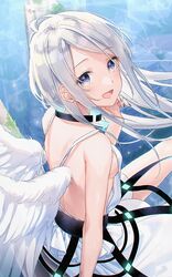  :d bare_back bare_shoulders blue_eyes blush breasts commentary_request dress feathered_wings female from_behind grey_nails hand_up highres looking_at_viewer looking_back masuishi_kinoto nail_polish open_mouth original sideboob sitting sleeveless sleeveless_dress smile solo swept_bangs water white_dress white_hair white_wings wings 