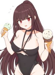  bare_shoulders black_one-piece_swimsuit blush bow_swimsuit breasts cleavage collarbone covered_navel female food girls&#039;_frontline high_ponytail highres ice_cream large_breasts long_hair looking_at_viewer official_alternate_costume one-piece_swimsuit open_mouth purple_hair red_eyes risshu solo sweatdrop swimsuit wa2000_(girls&#039;_frontline) wa2000_(op._manta_ray)_(girls&#039;_frontline) white_background 