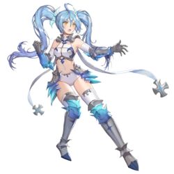  ahoge arm_warmers armor armored_boots armpits bare_shoulders blue_hair boots crop_top faulds female full_body gauntlets hair_ornament king&#039;s_raid knee_boots long_hair micro_shorts midriff navel non-web_source official_art open_mouth revealing_clothes shirt shorts sleeveless sleeveless_shirt solo sonia_(king&#039;s_raid) stomach thighhighs thighs transparent_background twintails v-shaped_eyebrows white_shirt white_thighhighs yellow_eyes 