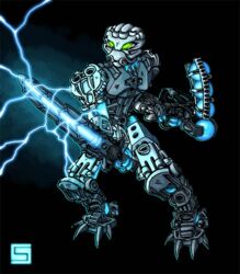  3_fingers 4_toes ambiguous_gender armor bionicle biped black_background claws damaged_armor digital_drawing_(artwork) digital_media_(artwork) electric_sword electricity energy_sword energy_weapon feet fingers glowing glowing_claws glowing_eyes green_eyes grey_body gun handgun holding_gun holding_object holding_ranged_weapon holding_weapon humanoid lego lego_brick machine male mask matoro melee_weapon multicolored_body not_furry open_mouth polearm ranged_weapon robot simple_background solo standing sword toa toe_claws toes two_tone_body unknown_artist weapon white_body 