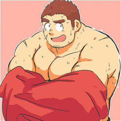  1boy bara blush brown_hair facial_hair highres large_pectorals male_focus muscular muscular_male pectorals saruhiko_(mtmnkmn) scar short_hair solo sweat tamamura_gunzo thick_eyebrows tokyo_afterschool_summoners topless_male undressing upper_body 