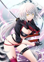  artist_name asymmetrical_sleeves bad_id bad_pixiv_id bikini black_gloves black_jacket breasts cleavage closed_mouth commentary fate/grand_order fate_(series) female gloves grey_hair highres holding holding_sword holding_weapon jacket jeanne_d&#039;arc_alter_(fate) jeanne_d&#039;arc_alter_(swimsuit_berserker)_(fate) katana lace lace-trimmed_legwear lace_trim leaning_forward long_hair long_sleeves looking_at_viewer medium_breasts o-ring o-ring_bikini purple_thighhighs sheepd shrug_(clothing) signature single_thighhigh smirk solo standing swimsuit sword thigh_strap thighhighs uneven_sleeves weapon yellow_eyes 