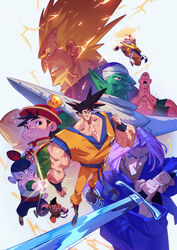  6+boys bald black_eyes black_hair blonde_hair blue_eyes blue_jacket capsule_corp chaozu chinese_clothes clenched_teeth closed_mouth colored_skin commentary dougi dragon_ball dragon_ball_(object) dragon_ball_z electricity frown green_skin hat highres holding holding_sword holding_weapon jacket kienzan kuririn long_sleeves male_focus max_grecke multiple_boys open_mouth piccolo pointy_ears purple_hair red_headwear smile son_gohan son_goku spiked_hair super_saiyan super_saiyan_2 sword teeth tenshinhan third_eye trunks_(dragon_ball) trunks_(future)_(dragon_ball) turban vegeta veins weapon wristband yamcha 