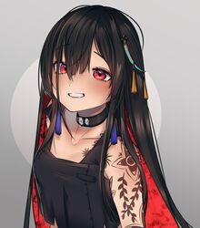  arm_tattoo black_choker black_hair blush choker collarbone colored_inner_hair crop_top female henna highres looking_up multicolored_hair nijisanji nijisanji_in noor_(nijisanji) noto_hams red_eyes red_hair smile solo tattoo upper_body virtual_youtuber 