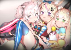  3girls :p aged_down ahoge animal_ears arm_up armpits bad_id bad_pixiv_id bare_shoulders blonde_hair blue_thighhighs blush braid breasts bun_cover chromatic_aberration commentary detached_sleeves double_bun english_commentary flower fox_ears fox_girl green_eyes grey_eyes grey_hair hair_between_eyes hair_bun hair_flower hair_ornament highres hololive lion_ears long_hair looking_at_viewer momosuzu_nene momosuzu_nene_(old_design) multicolored_hair multiple_girls omaru_polka omaru_polka_(1st_costume) panties pantyshot pink_legwear purple_eyes shishiro_botan shishiro_botan_(1st_costume) smile star-shaped_pupils star_(symbol) striped_clothes striped_panties symbol-shaped_pupils teriibol thighhighs tongue tongue_out underwear virtual_youtuber x_hair_ornament 