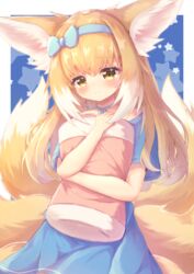  absurdres alternate_costume alternate_hairstyle animal_ears arknights blonde_hair blue_background blue_bow blue_dress blue_hairband blue_ribbon blush border bow chrocatz colored_tips cowboy_shot dress female fox_ears fox_girl fox_tail hairband hairbow highres hugging_object kitsune looking_at_viewer multicolored_hair multiple_tails neck_ribbon outside_border pillow pillow_hug ribbon simple_background solo starry_background streaked_hair suzuran_(arknights) tail white_border white_hair yellow_eyes 