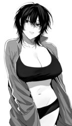  bad_id bad_pawoo_id bra breasts cleavage closed_mouth cowboy_shot female greyscale highres jacket large_breasts little_mare looking_at_viewer medium_hair messy_hair monochrome navel original panties simple_background solo track_jacket underwear white_background 