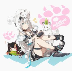  +_+ 2girls ^^^ animal_ears bare_shoulders black_choker black_hair boots braid chibi choker commentary controller copyright_name corn cup disposable_cup dog_tags eyebrows_hidden_by_hair fold-over_boots food fox fox_ears fox_girl fox_on_head fox_tail fur-trimmed_jacket fur_trim game_controller green_eyes hair_between_eyes hair_ornament hairclip highres holding holding_controller holding_food holding_game_controller hololive hololive_gamers jacket legs_up logo long_hair looking_at_viewer multiple_girls notice_lines ookami_mio open_clothes open_jacket orange_eyes paw_print pentagram playstation_controller red_hair satorine shirakami_fubuki shirakami_fubuki_(1st_costume) shirakami_fubuki_(fubukitek) sidelocks simple_background single_braid sitting tail thigh_strap virtual_youtuber white_background white_hair white_jacket wolf_ears wolf_girl wolf_tail 