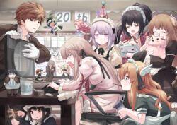  3boys 6+girls alternate_costume anniversary apron black_dress black_hair black_ribbon breast_lift breasts brown_eyes brown_hair camera ceiling chair chibi-moth cleavage closed_eyes computer_keyboard crossed_arms dress electrical_outlet enmaided everyone fairy flower gil_(rewrite) gloves hair_flower hair_ornament hat hunched_over indoors inoue_(rewrite) kagari_(rewrite) kanbe_kotori kazamatsuri_institute_high_school_uniform konohana_lucia long_hair maid maid_headdress medium_breasts monitor mouth_hold multiple_boys multiple_girls nakatsu_shizuru nissin_cup_noodle ootori_chihaya ootori_sakuya pani_(rewrite) paper_chain party_hat party_popper pink_hair playing_games power_strip puffy_short_sleeves puffy_sleeves purple_eyes rewrite ribbon school_uniform senri_akane shimako_(rewrite) short_hair short_sleeves shouting tagame_(tagamecat) tennouji_kotarou very_long_hair white_gloves white_hair wire yoshino_haruhiko 