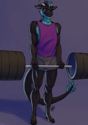  2019 2_horns 4_toes 5_fingers anthro athletic athletic_anthro athletic_male barbell black_body black_fur blue_body blue_eyes blue_fur blue_mane bottomwear clothed clothing digital_media_(artwork) dragon feet fingers fur furred_dragon furred_scalie grey_bottomwear grey_clothing grey_shorts hi_res holding_barbell horn ldr male mane muscular muscular_male mythological_creature mythological_scalie mythology plantigrade purple_clothing purple_shirt purple_tank_top purple_topwear raijin_(shaftboop) scalie shirt shorts solo standing tail tank_top toes topwear wingless_dragon 