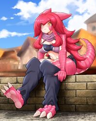  belt claws cloud commentary day detached_pants english_commentary female lizard_girl_(amano_jack_(paradise_jack)) lizard_tail long_hair mixed-language_commentary monster_girl nenbuta original outdoors pants pink_hair reptile_girl scales sitting sky solo tail village wall yellow_eyes 