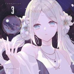  artist_name blue_eyes commission crescent dark_background facial_mark fantasy female flower forehead_mark hair_flower hair_ornament hand_up jewelry long_hair necklace orb original pale_skin reflection sleeveless twintails upper_body white_hair yuizayomiya 