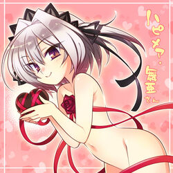  black_hairband black_ribbon blush candy chibi chocolate closed_mouth commentary_request eyes_visible_through_hair female flower food framed gift grey_hair groin hair_between_eyes hair_intakes hair_ribbon hairband hands_up hapymaher heart heart-shaped_chocolate heart_background holding holding_gift komowata_haruka looking_at_viewer medium_hair naitou_maia naked_ribbon navel pink_background red_eyes red_flower red_ribbon red_rose ribbon rose simple_background slit_pupils smile solo translation_request two_side_up valentine 