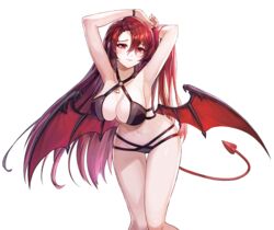  armpits arms_up bare_shoulders bikini black_bikini breasts cleavage collarbone criss-cross_halter cropped_legs demon_girl demon_tail demon_wings epis female halterneck king&#039;s_raid large_breasts long_hair looking_at_viewer multi-strapped_bikini naughty_face navel non-web_source o-ring o-ring_bikini official_art red_eyes red_hair smile solo stomach swimsuit tail thighs transparent_background very_long_hair wings wristband 