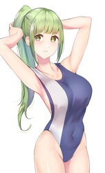  :&lt; arms_behind_head blonde_hair blue_one-piece_swimsuit breasts collarbone competition_swimsuit covered_navel cowboy_shot female green_hair highres large_breasts long_hair okamired one-piece_swimsuit original ponytail sideboob simple_background solo swimsuit white_background 