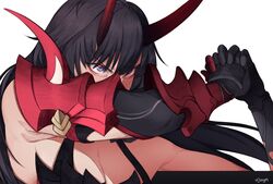  ahoge armor armpit_crease bare_shoulders black_gloves black_hair breasts cleavage covered_mouth english_commentary fallen_angel_(painting) female gloves hair_between_eyes highres honkai_(series) honkai_impact_3rd horns japanese_armor japanese_clothes medium_breasts oni_horns raiden_mei raiden_mei_(herrscher_of_thunder) simple_background solo three_quarter_view twitter_username ujugn upper_body white_background 