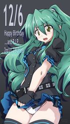  547th_sy black_shirt black_skirt black_vest blue_necktie breasts character_name collared_shirt embarrassed female green_eyes green_hair happy_birthday highres idol_clothes long_hair looking_down medium_breasts muv-luv muv-luv_alternative muv-luv_alternative_chronicles_03 necktie panties ponytail rest_in_peace_(phrase) shirt skirt solo takahara_moeka thighhighs underwear vest white_panties 