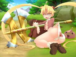  absurdly_long_hair ahoge ass axe blonde_hair blue_sky blush breasts brown_bag brown_footwear brown_shirt bug chonchon cloud commentary daniel_renard day dirt_road english_commentary female full_body glint grass hair_bobbles hair_ornament highres long_hair looking_at_viewer lying maya_(ragnarok_the_animation) medium_bangs merchant_(ragnarok_online) mountain no_pants oerba_yun_fang on_side open_clothes open_mouth open_shirt outdoors panties panty_lift path poring ragnarok_online ragnarok_the_animation road rock shaded_face shirt shoes sky slime_(creature) small_breasts tree twintails underwear v-shaped_eyebrows very_long_hair white_panties yellow_eyes 