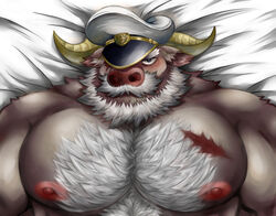  1boy absurdres ahab_(housamo) animal_ears bara beard blush brown_hair chest_hair cow_ears cow_horns dakimakura_(medium) ears_down facial_hair hat hat_over_one_eye highres horns large_pectorals looking_at_viewer lying male_focus mature_male minotaur moustache muscular muscular_male nipples nude old old_man on_back pectoral_focus pectorals pillow sailor_hat scar scar_on_chest shannai_(sugino16) short_hair snout solo thick_eyebrows tokyo_afterschool_summoners white_hair 