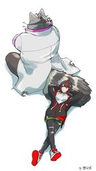  anthro black_hair brown_body brown_fur clothing coat duo female fur hair hi_res human lab_coat lifewonders live_a_hero lying male mammal on_back procyonid raccoon seikeikei2015 sensettia tail tail_pillow topwear viscunam 