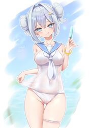  :p absurdres ass_visible_through_thighs azur_lane blue_eyes blush bracelet breasts casual_one-piece_swimsuit clothes_pull collarbone covered_navel crossed_bangs double_bun female food hair_between_eyes hair_bun hair_intakes hair_ornament hairclip hand_up highres holding holding_food holding_popsicle jade_(a_lick_of_summer)_(azur_lane) jade_(azur_lane) jewelry medium_breasts official_alternate_costume one-piece_swimsuit pink_nails popsicle qian_hen sailor_collar sailor_one-piece_swimsuit school_swimsuit solo swimsuit thigh_gap thigh_strap tongue tongue_out white_hair white_one-piece_swimsuit 